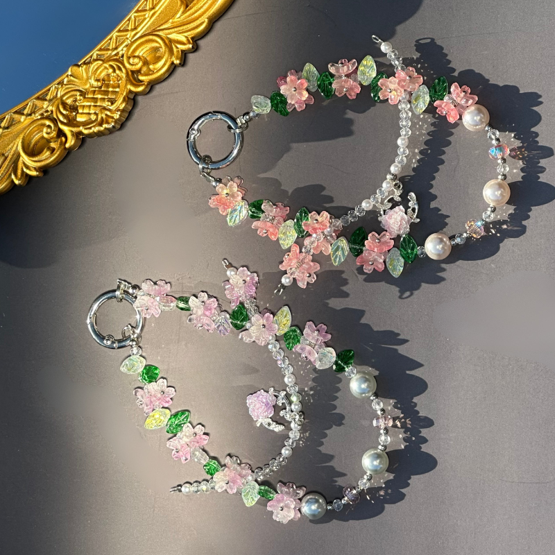 Handmade Crystal floral beaded Wristlet, Bag Charm