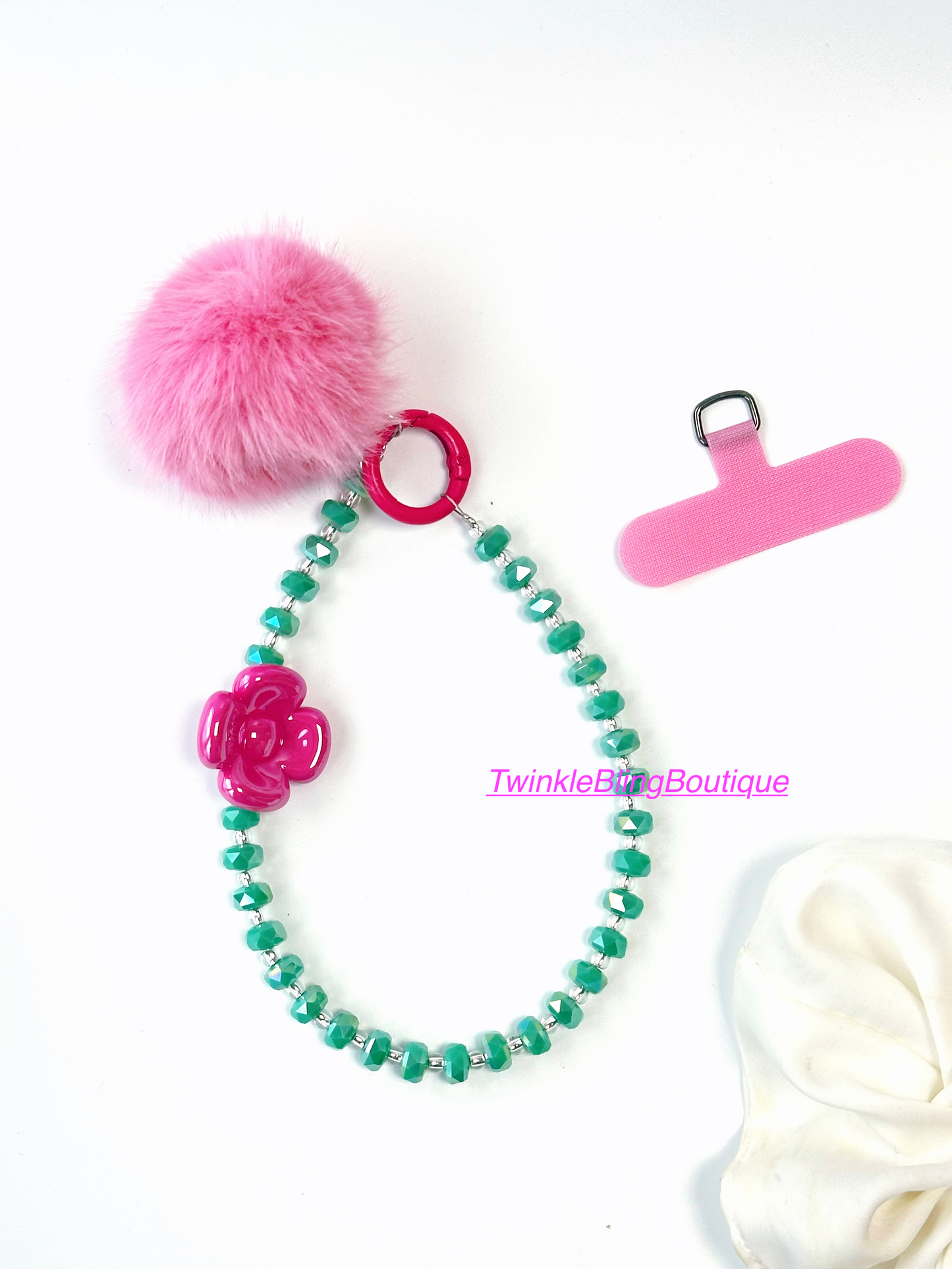 Rose Phone Lanyard: Beaded Wristlet Strap With Pom Pom