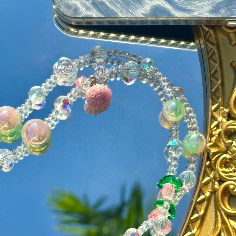 Handmade Flora Pink Crystal Beaded Wristlet Lanyard, Crystal Phone Charm, Phone Chain, Phone Lanyard( Tab Included)