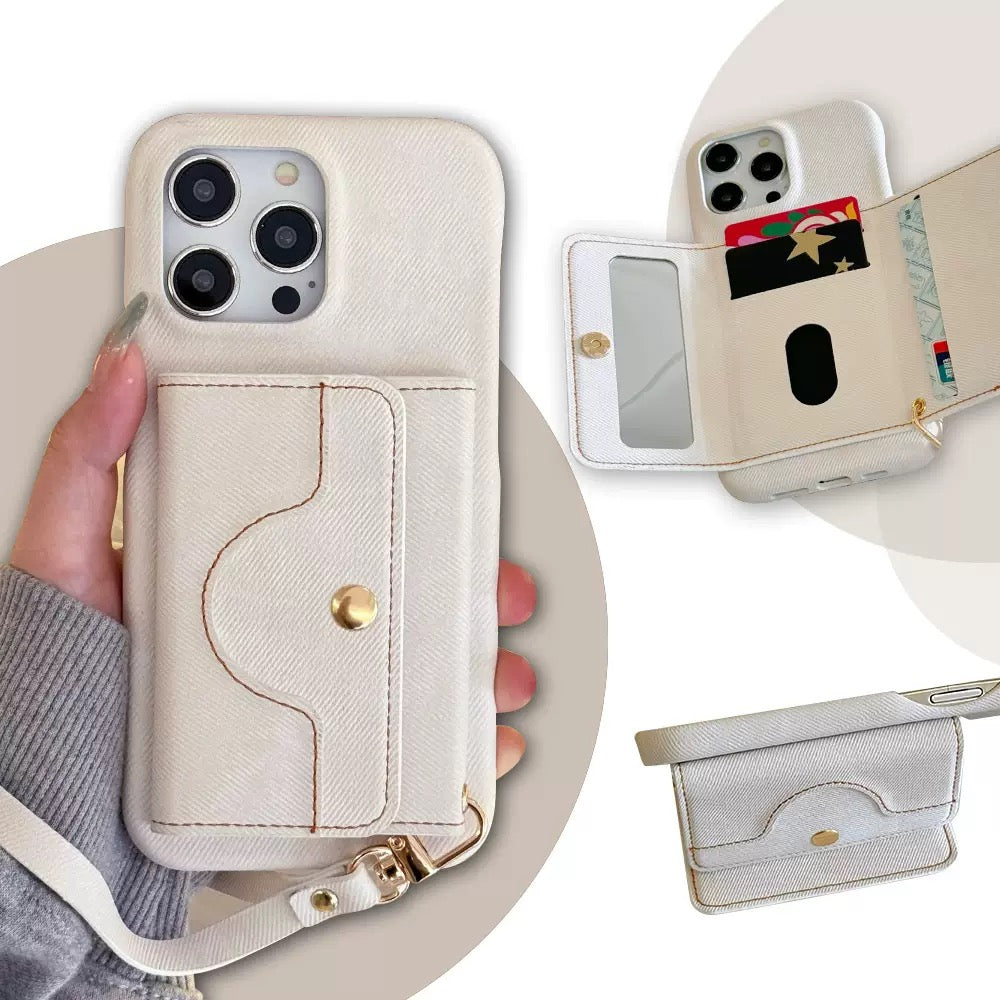 Luxury Canvas iPhone 17 16 15 Wallet Case With Card Pouch, Mirror & Lanyard