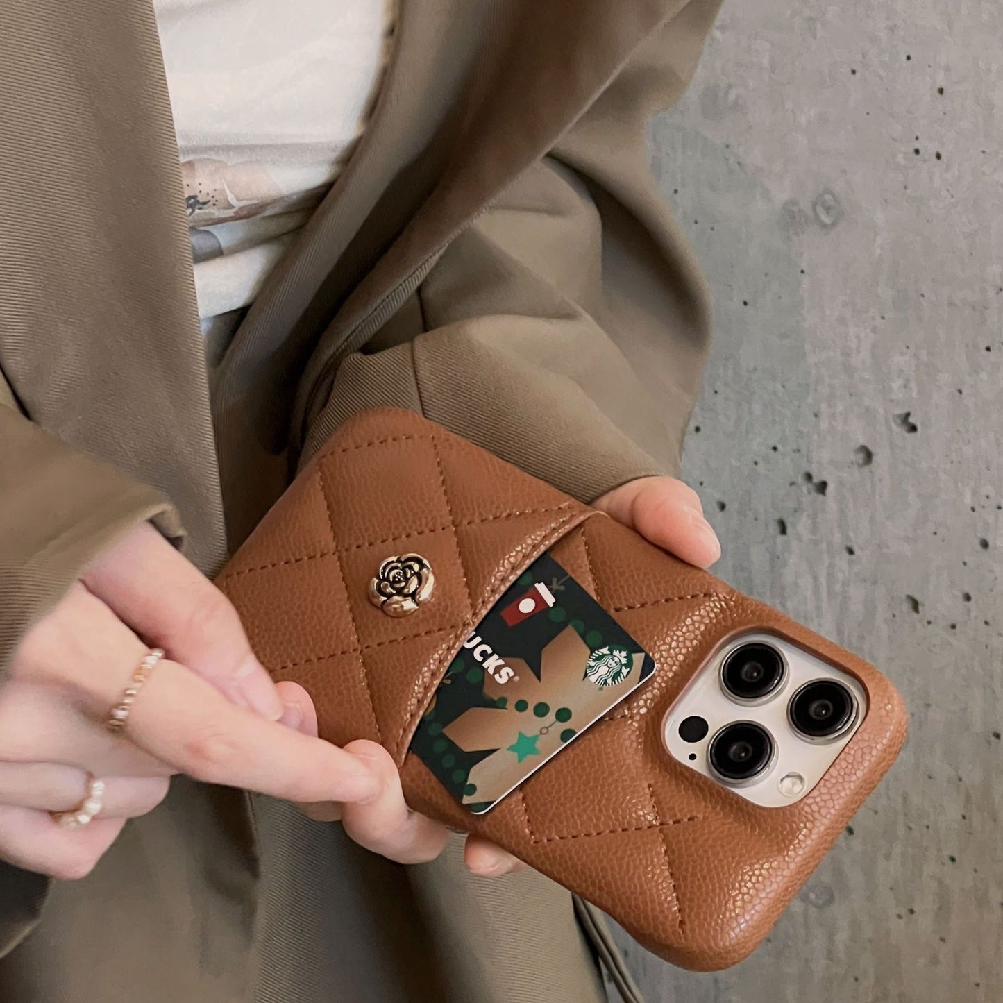 iPhone 17/16/15/14/13 Autumn Caramel Leather Case Wallet with Camellia Pattern