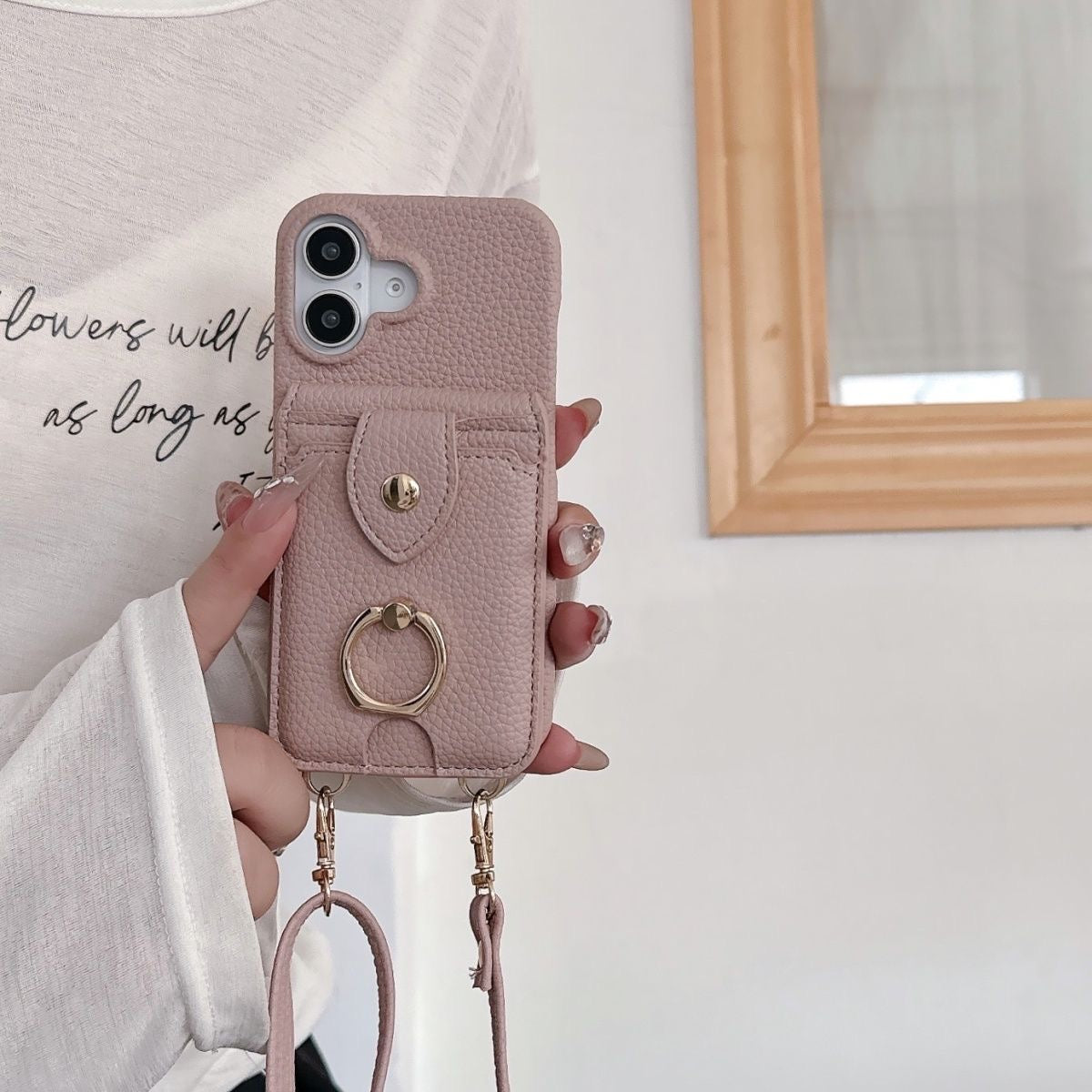 iPhone 17/16/15 Leather Phone Case Wallet with Mirror and Lanyard, Multi-Slots Card Holder Pouch, Card Slots