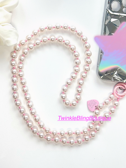 Pink Beaded Pearl Phone Strap, Trendy Phone Accessory With Heart Charm, Chic Pearl Phone Chain,cute Phone Accessory, Barbie-inspired Gift