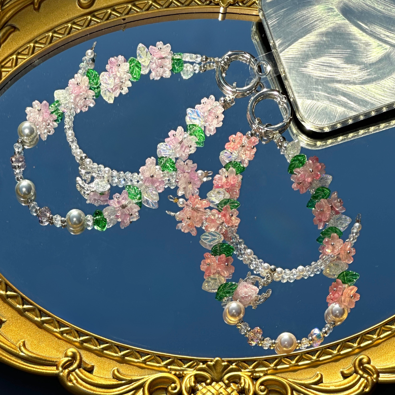 Handmade Crystal floral beaded Wristlet, Bag Charm