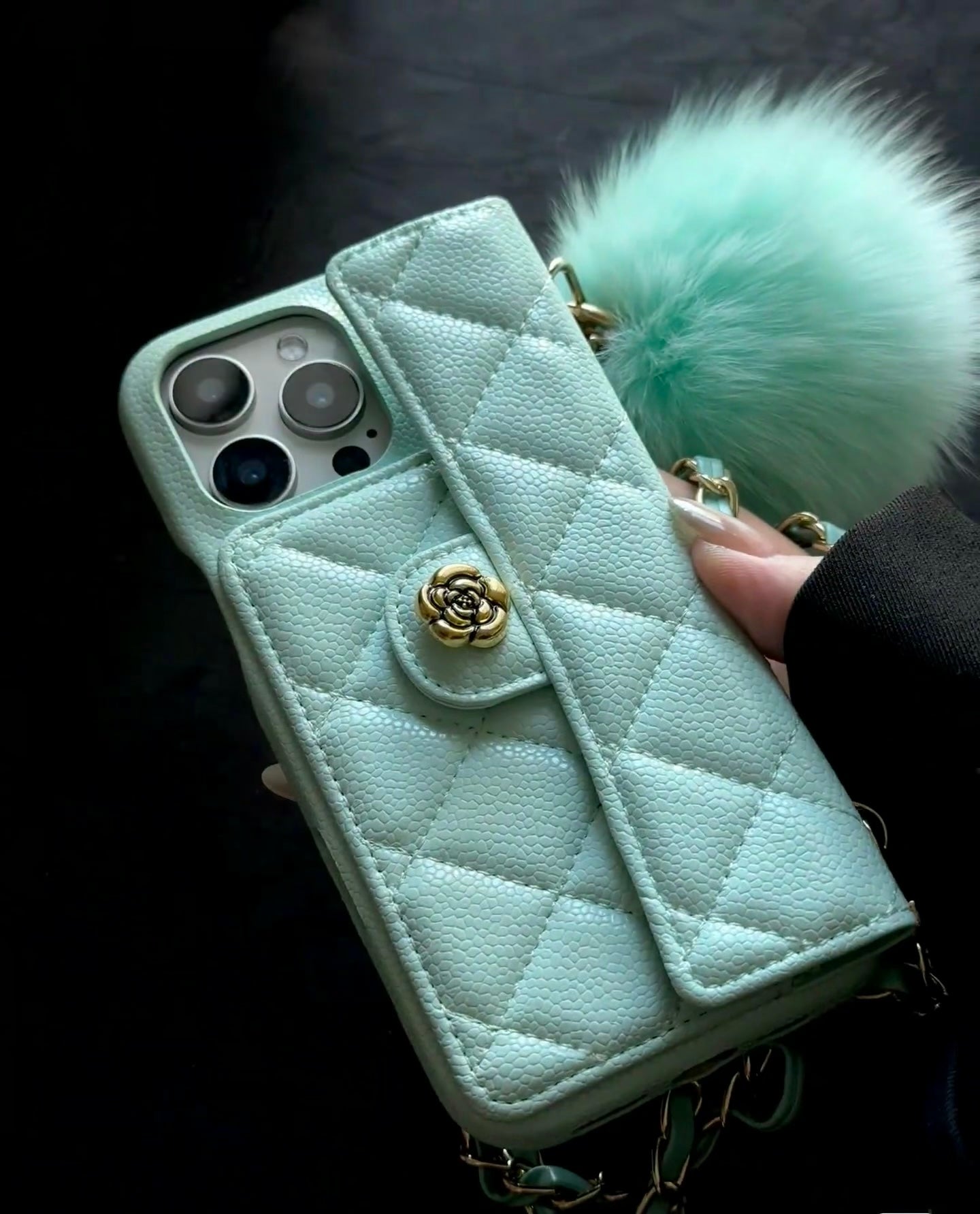 iPhone 17/16/15/14/13 Camellia Pattern Leather Case Wallet& Card Holder,Case+Detachable Lanyard