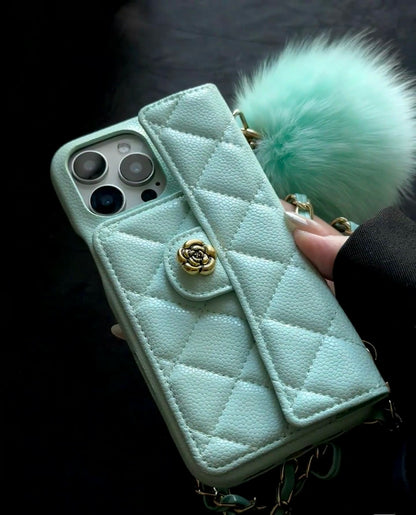 iPhone 17/16/15/14/13 Camellia Pattern Leather Case Wallet& Card Holder,Case+Detachable Lanyard