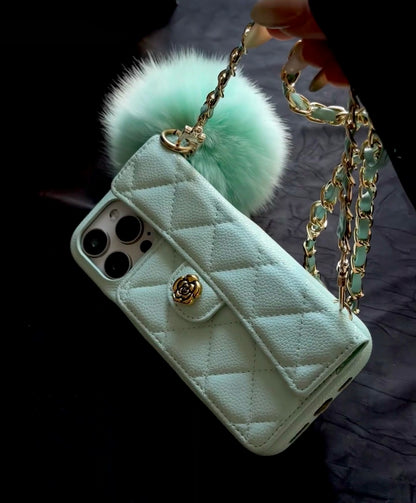 iPhone 17/16/15/14/13 Camellia Pattern Leather Case Wallet& Card Holder,Case+Detachable Lanyard