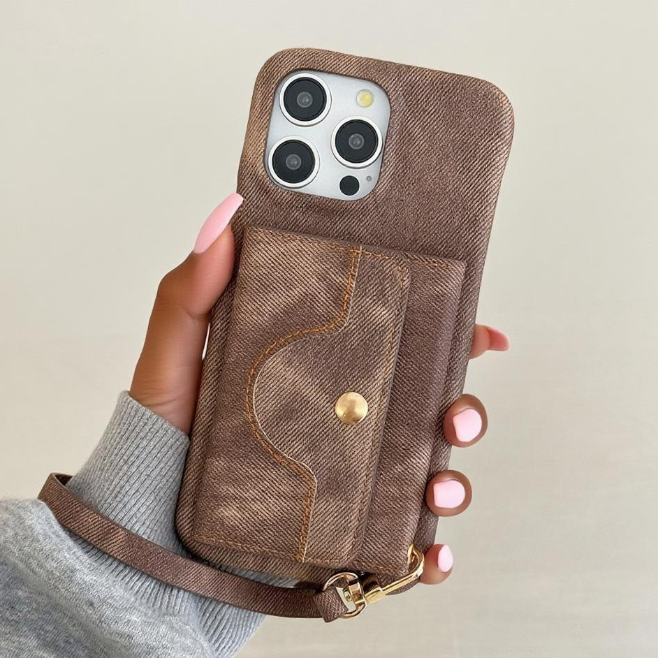 Luxury Canvas iPhone 17 16 15 Wallet Case With Card Pouch, Mirror & Lanyard