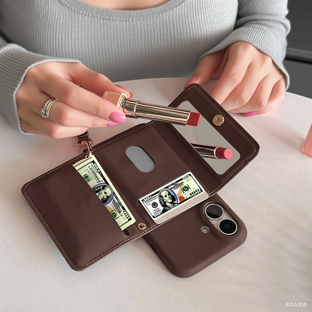 Luxury iPhone Case Wallet for iPhone 17 16 15 14 13 12 Pro Max With Credit Cards Pouch, Compact Mirror & Lanyard, Fall Winter Accessory