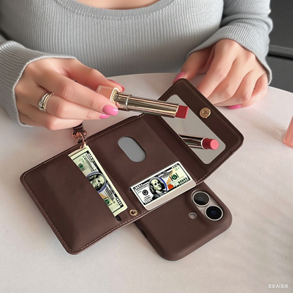 Luxury iPhone Case Wallet for iPhone 17 16 15 14 13 12 Pro Max With Credit Cards Pouch, Compact Mirror & Lanyard, Fall Winter Accessory