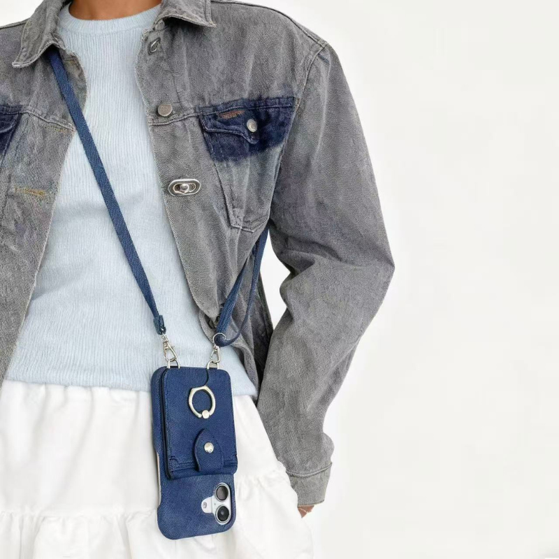 iPhone 17/16/15 Canvas Phone Case Wallet with Mirror and Lanyard, Multi-Slots Card Holder Pouch, Card Slots