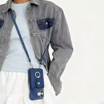 iPhone 17/16/15 Canvas Phone Case Wallet with Mirror and Lanyard, Multi-Slots Card Holder Pouch, Card Slots