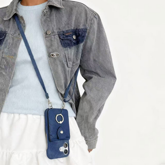 iPhone 17/16/15 Canvas Phone Case Wallet with Mirror and Lanyard, Multi-Slots Card Holder Pouch, Card Slots