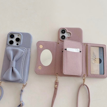 Luxury Leather iPhone 17/16/15/14/13 Wallet Case Card Pouch,mirror,multiple Card Slots for Cash and Credit Cards, Lanyard Bow