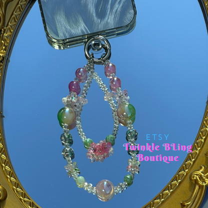 Handmade Flora Pink Crystal Beaded Wristlet Lanyard, Crystal Phone Charm, Phone Chain,  Phone Lanyard( Tab Included)