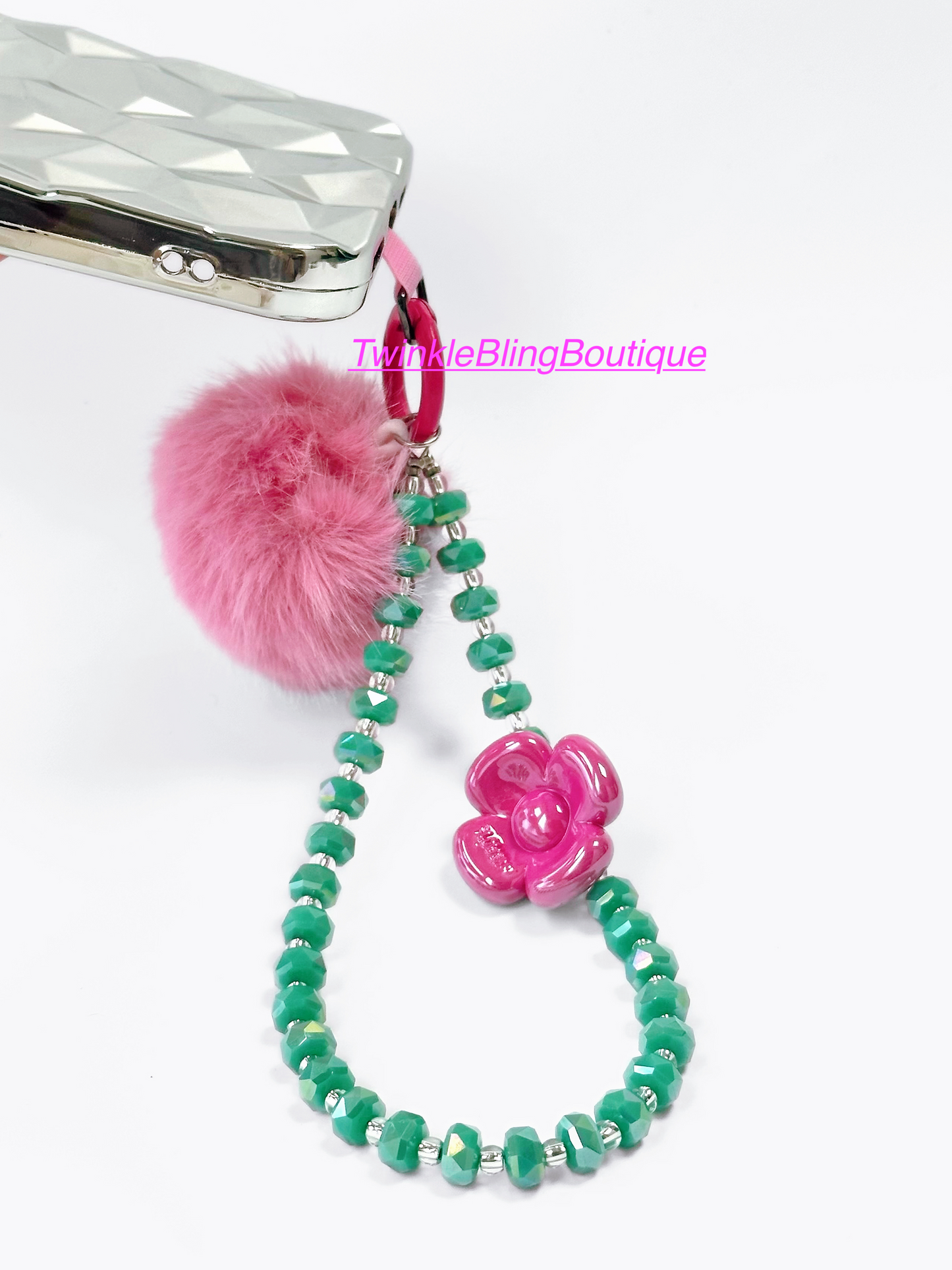 Lucky Green Phone Lanyard: Crystal Beads, Clover & Cloud Charms