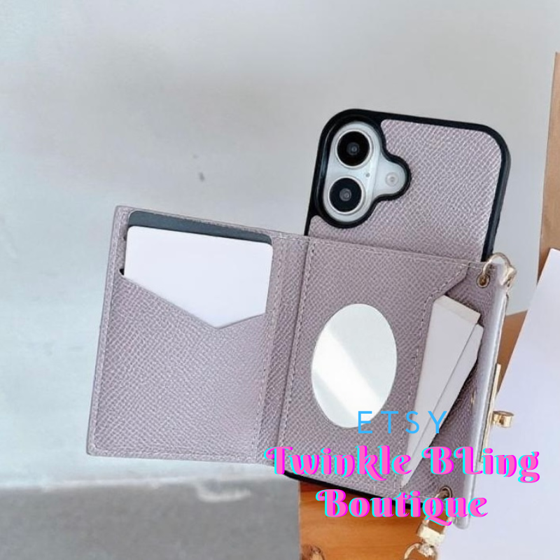 Luxury iPhone 17/16/15/14 Card Pouch Phone Case Wallet, Multi Card Slots, Handmade Phone Wallet With Lanyard & Mirror
