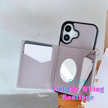 Luxury iPhone 17/16/15/14 Card Pouch Phone Case Wallet, Multi Card Slots, Handmade Phone Wallet With Lanyard & Mirror