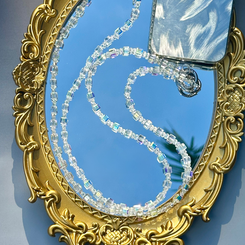 Crystal Beaded Cube Phone Lanyard - Purple, Pink, White Crystal Crossbody Phone Strap, Gift for Her, Beaded Phone Holder, Phone Accessory