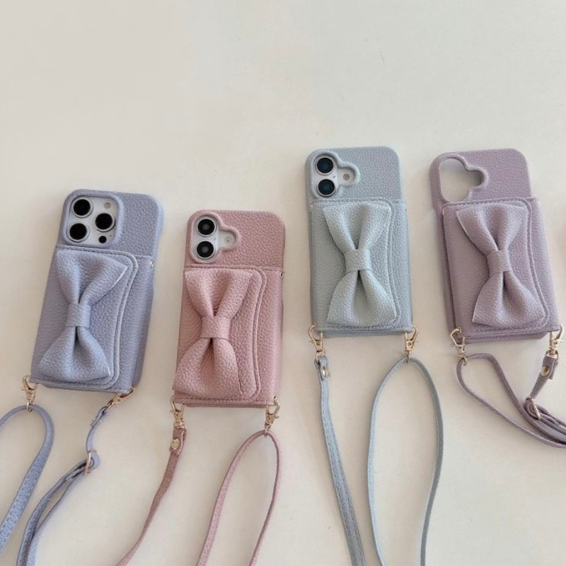 Luxury Leather iPhone 17/16/15/14/13 Wallet Case Card Pouch,mirror,multiple Card Slots for Cash and Credit Cards, Lanyard Bow