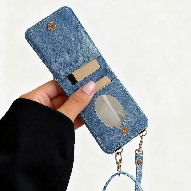 iPhone 17/16/15 Canvas Phone Case Wallet with Mirror and Lanyard, Multi-Slots Card Holder Pouch, Card Slots