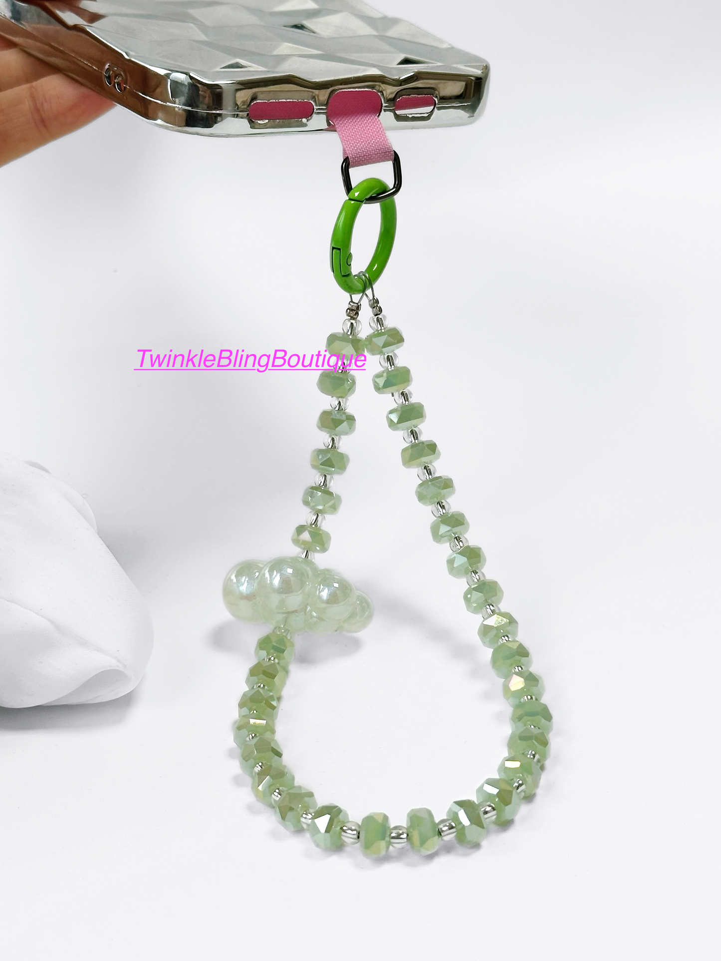 Lucky Green Phone Lanyard: Crystal Beads, Clover & Cloud Charms