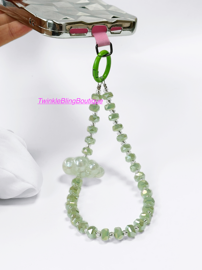 Lucky Green Phone Lanyard: Crystal Beads, Clover & Cloud Charms