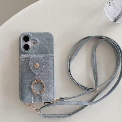 iPhone 17/16/15 Canvas Phone Case Wallet with Mirror and Lanyard, Multi-Slots Card Holder Pouch, Card Slots