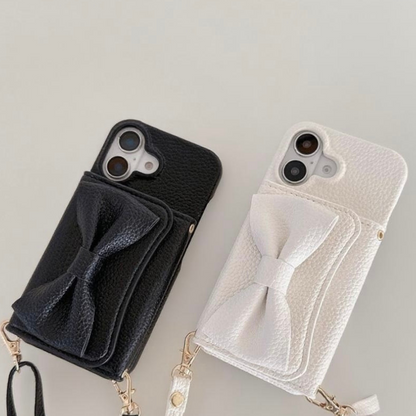 Luxury Leather iPhone 17/16/15/14/13 Wallet Case Card Pouch,mirror,multiple Card Slots for Cash and Credit Cards, Lanyard Bow