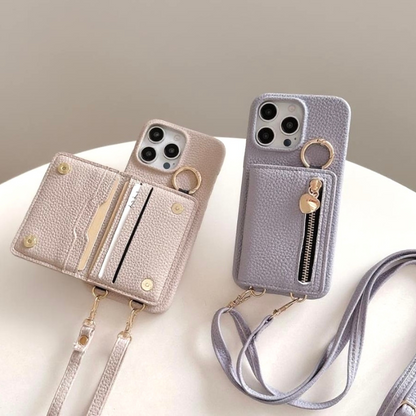 iPhone 17/16/15  Pink Purple Leather Phone Case Wallet with Card Slots and Lanyard, Multi-Slots Card Holder Pouch, Card Slots