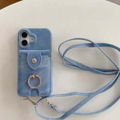 iPhone 17/16/15 Canvas Phone Case Wallet with Mirror and Lanyard, Multi-Slots Card Holder Pouch, Card Slots