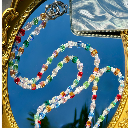 Crystal Beaded Cube Phone Lanyard - Purple, Pink, White Crystal Crossbody Phone Strap, Gift for Her, Beaded Phone Holder, Phone Accessory