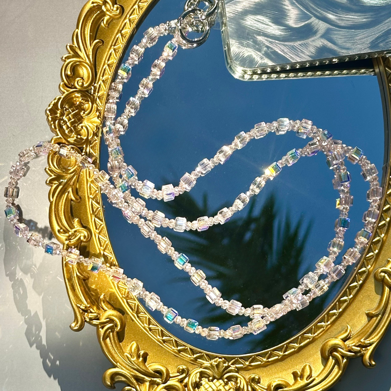 Crystal Beaded Cube Phone Lanyard - Purple, Pink, White Crystal Crossbody Phone Strap, Gift for Her, Beaded Phone Holder, Phone Accessory