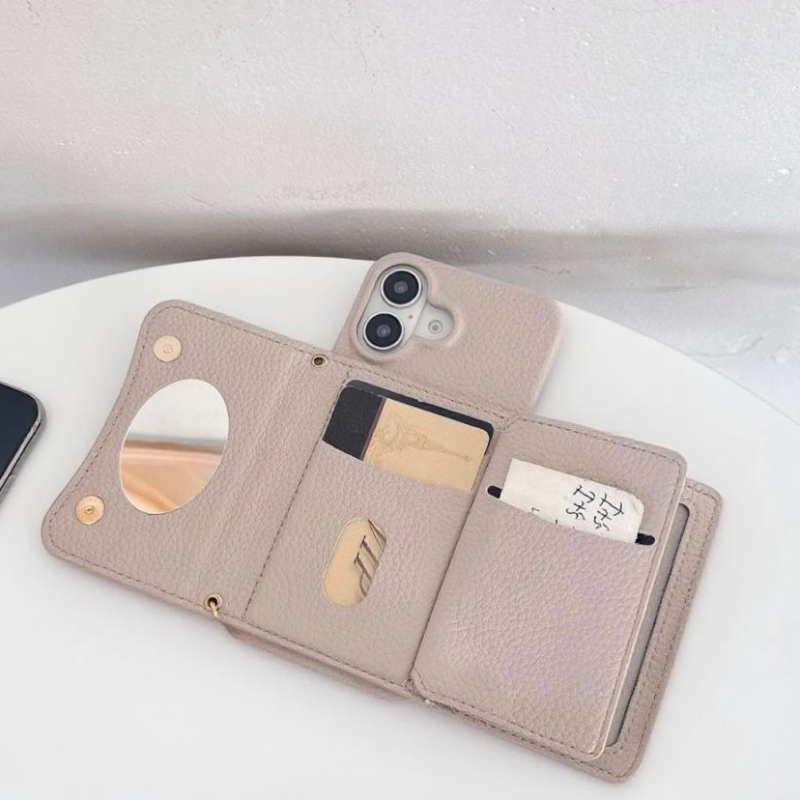 Luxury Leather iPhone 17/16/15/14/13 Wallet Case Card Pouch,mirror,multiple Card Slots for Cash and Credit Cards, Lanyard Bow