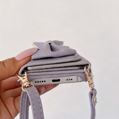 Luxury Leather iPhone 17/16/15/14/13 Wallet Case Card Pouch,mirror,multiple Card Slots for Cash and Credit Cards, Lanyard Bow