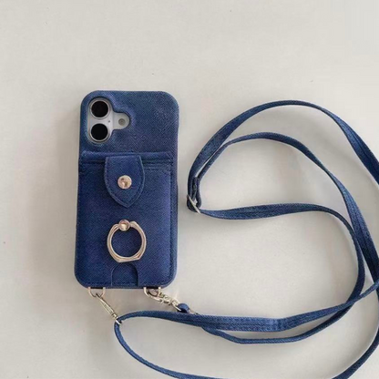 iPhone 17/16/15 Canvas Phone Case Wallet with Mirror and Lanyard, Multi-Slots Card Holder Pouch, Card Slots