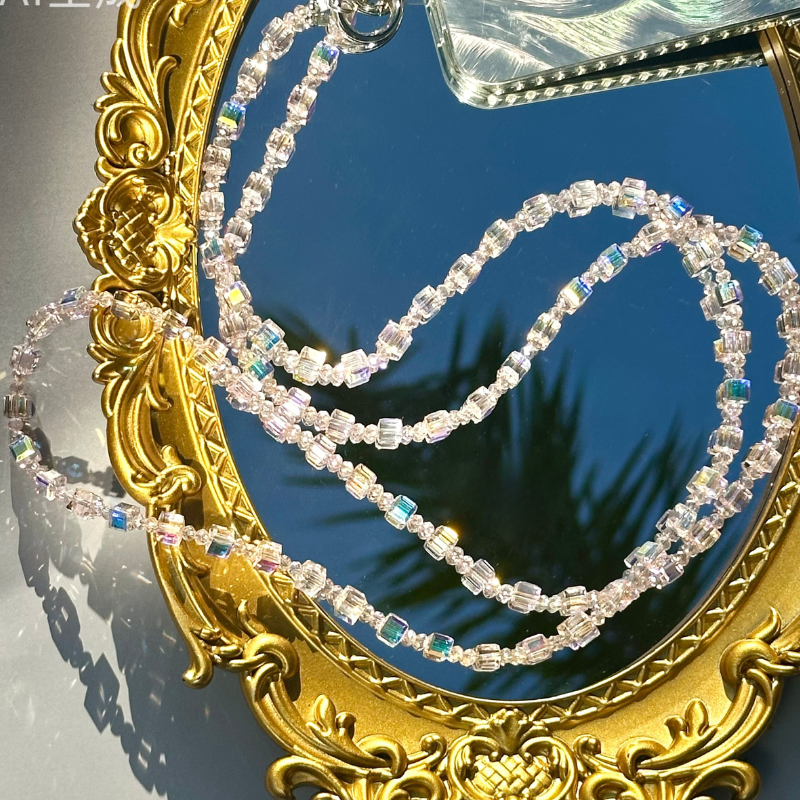 Crystal Beaded Cube Phone Lanyard - Purple, Pink, White Crystal Crossbody Phone Strap, Gift for Her, Beaded Phone Holder, Phone Accessory