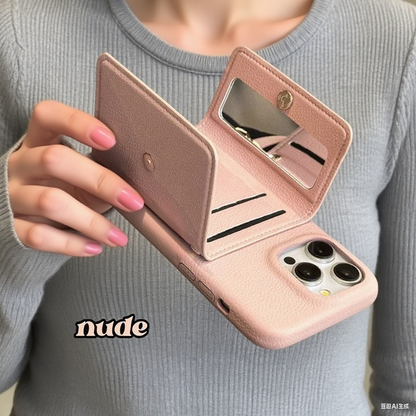 Luxury iPhone Case Wallet for iPhone 17 16 15 14 13 12 Pro Max With Credit Cards Pouch, Compact Mirror & Lanyard, Fall Winter Accessory
