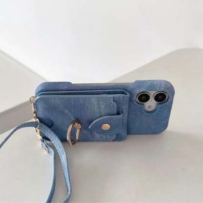 iPhone 17/16/15 Canvas Phone Case Wallet with Mirror and Lanyard, Multi-Slots Card Holder Pouch, Card Slots