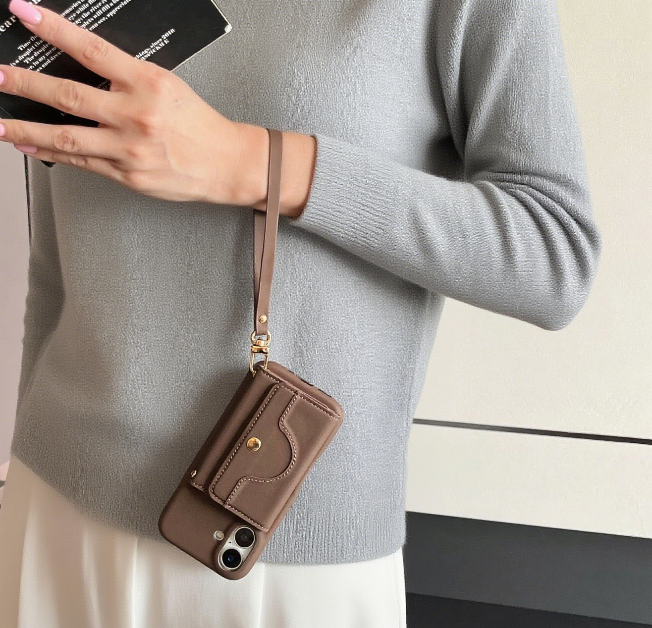 Luxury iPhone Case Wallet for iPhone 17 16 15 14 13 12 Pro Max With Credit Cards Pouch, Compact Mirror & Lanyard, Fall Winter Accessory