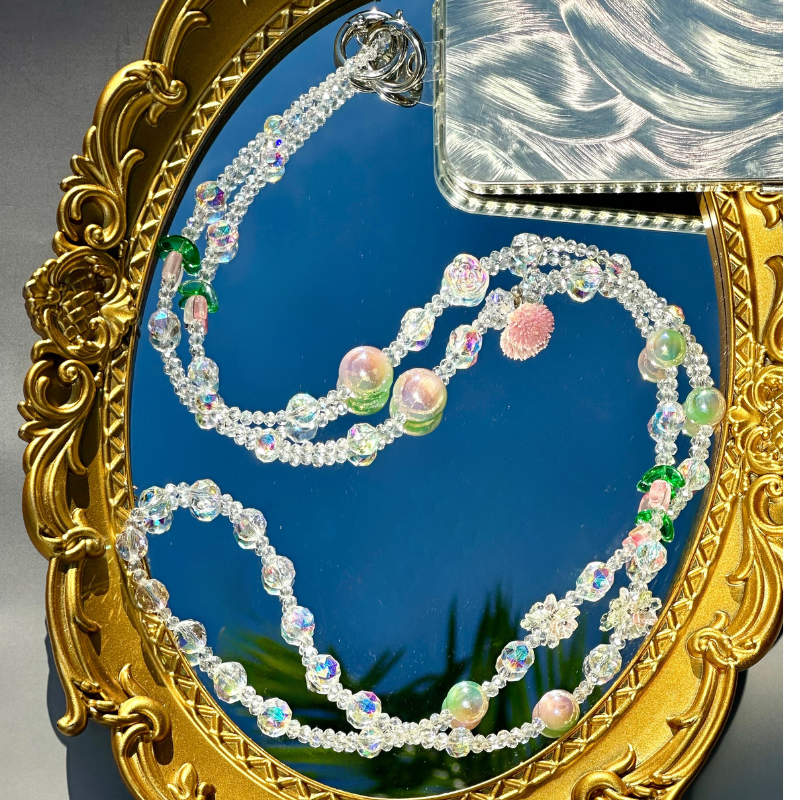 Handmade Flora Pink Crystal Beaded Wristlet Lanyard, Crystal Phone Charm, Phone Chain,  Phone Lanyard( Tab Included)