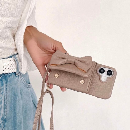 Luxury Leather iPhone 17/16/15/14/13 Wallet Case Card Pouch,mirror,multiple Card Slots for Cash and Credit Cards, Lanyard Bow