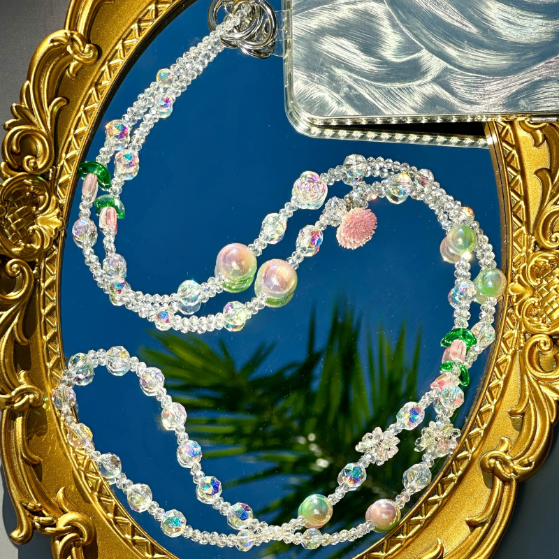 Handmade Flora Pink Crystal Beaded Wristlet Lanyard, Crystal Phone Charm, Phone Chain,  Phone Lanyard( Tab Included)