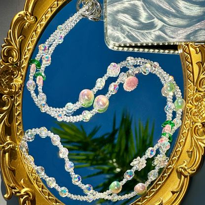 Handmade Flora Pink Crystal Beaded Wristlet Lanyard, Crystal Phone Charm, Phone Chain,  Phone Lanyard( Tab Included)