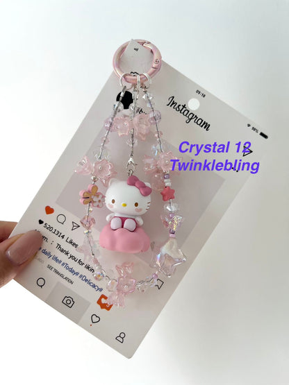 (Crystal Kitty+ Kuromi) Handmade Crystal Sanrio Hello Kitty & Kuromi Double Chain Phone/Bag Charm