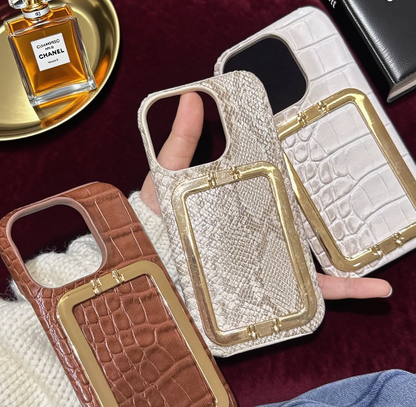 Viral Snakeskin Crocodile Leather Phone Case, Gold Metal Stand,trendy Phone Case,luxury Bling for iPhone 17/16/15 designer Phone Cover