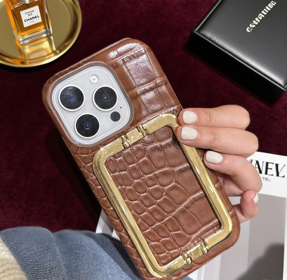 Viral Snakeskin Crocodile Leather Phone Case, Gold Metal Stand,trendy Phone Case,luxury Bling for iPhone 17/16/15 designer Phone Cover