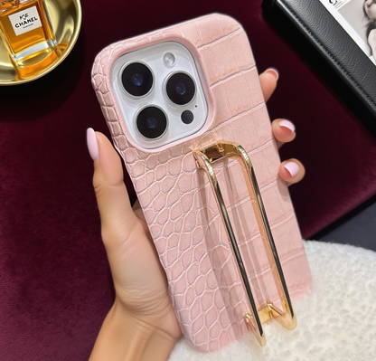 Viral Snakeskin Crocodile Leather Phone Case, Gold Metal Stand,trendy Phone Case,luxury Bling for iPhone 17/16/15 designer Phone Cover