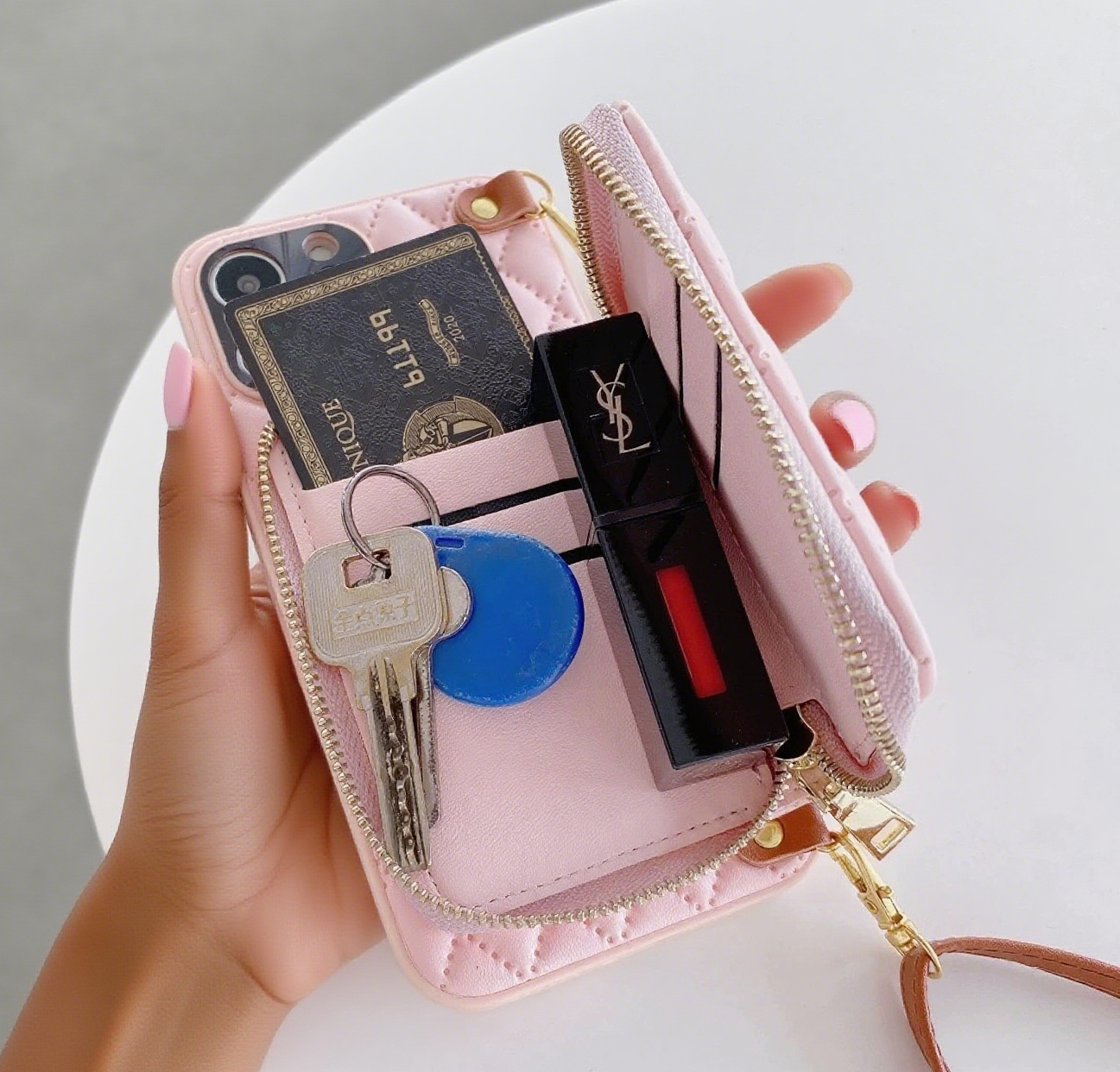 iPhone 17/16/15 Quilted Leather Phone Case Wallet, Multi-Slots Card Holder, Lipstick Holder