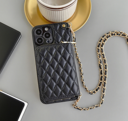 iPhone 17/16/15 Quilted Leather Phone Case Wallet, Multi-Slots Card Holder, Lipstick Holder